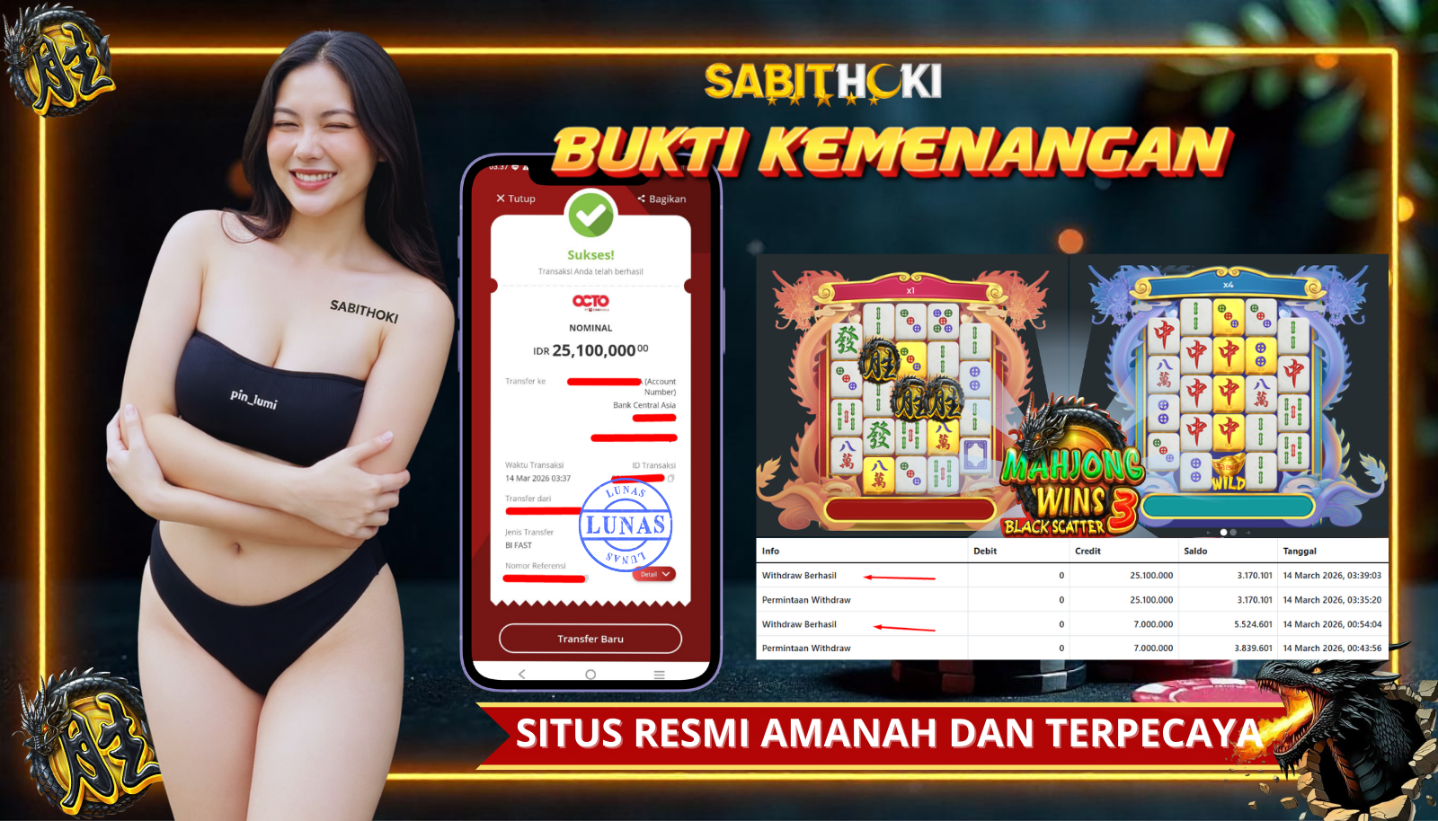SELAMAT KEPADA MEMBER SETIA SABITHOKI BERHASIL JACKPOT DI PERMAINAN MAHJONG 3 SCATTER HITAM